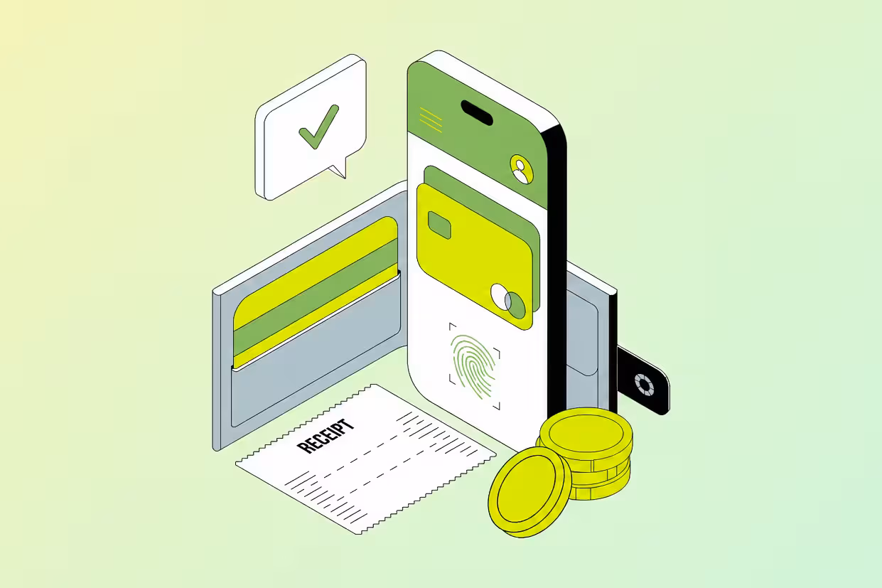 Snippe checkout confirmed on a phone, beside a card, a receipt and coins